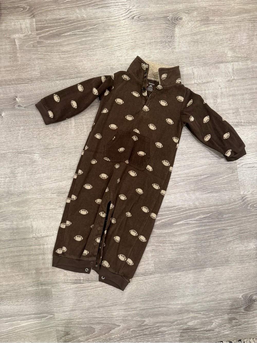 Carters Brown Football Print One-Piece Outfit / Pajamas Size 24 Months